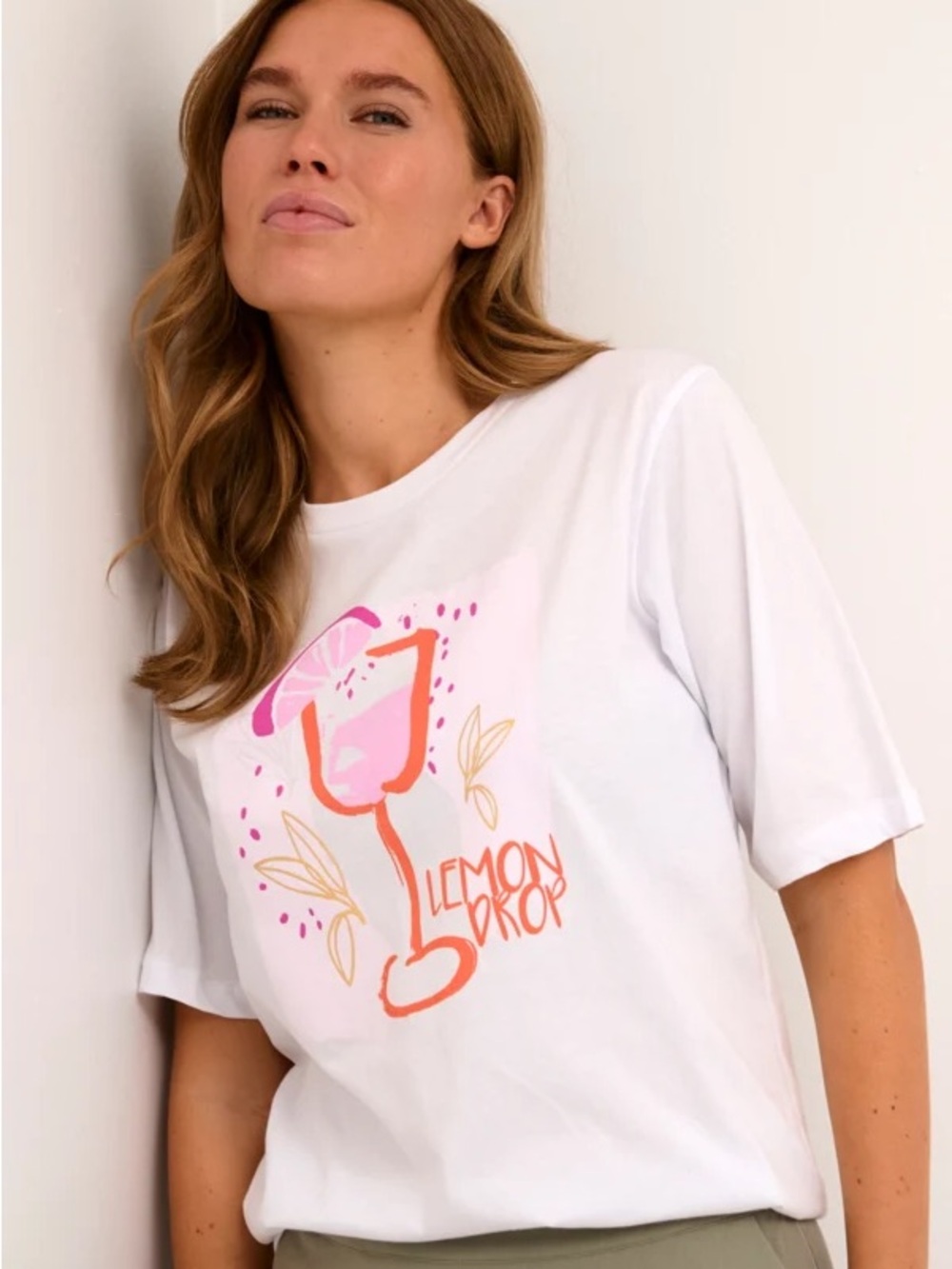 Kaffe Women's White 'Lemon Drop' Graphic Tee with Pink & Orange Accents
